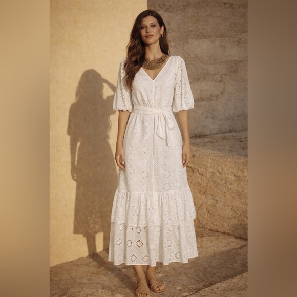 ZARA BELTED EMBROIDERED MIDI DRESS OYSTER WHITE SIZE S - Picture 6 of 15